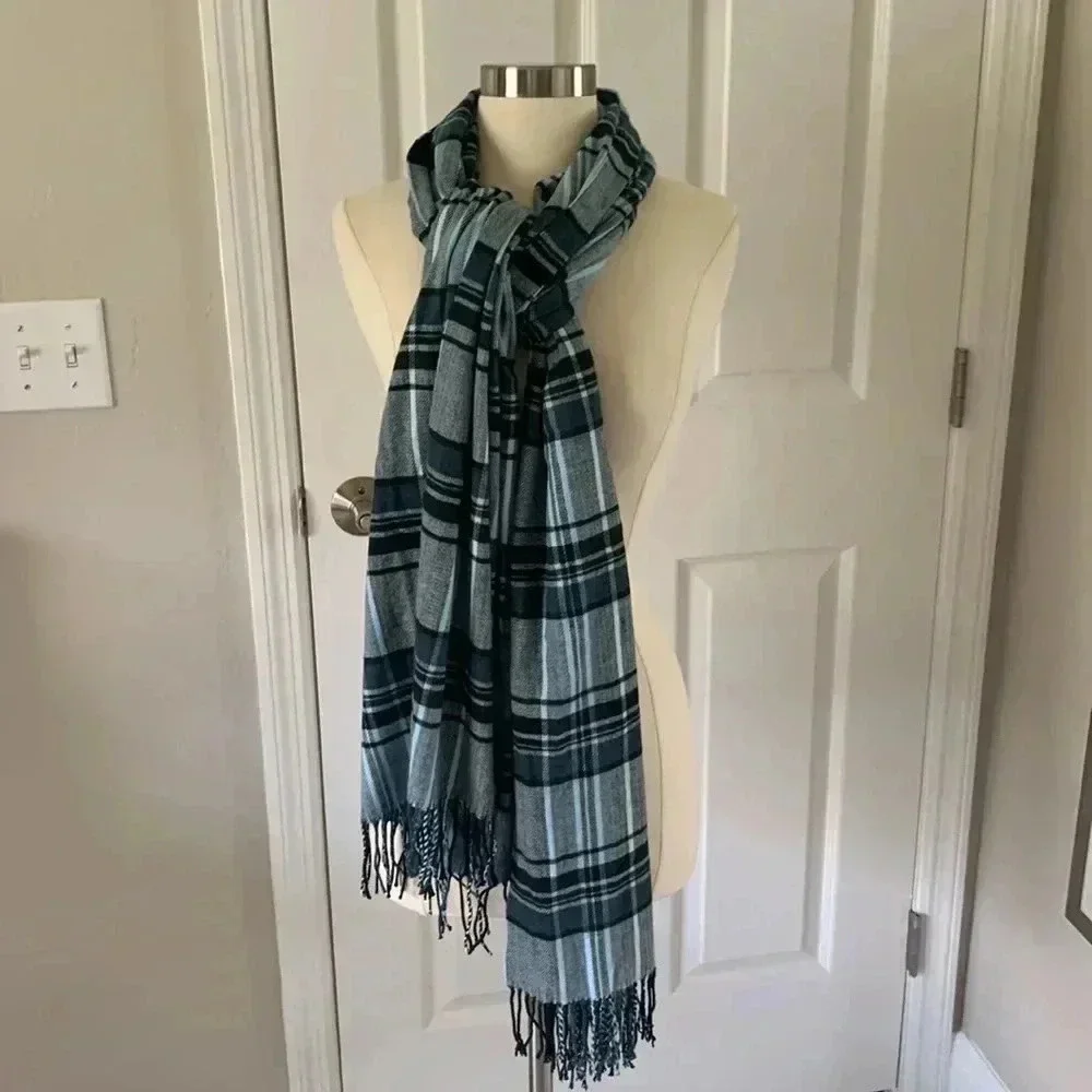 Light blue and black plaid wide scarf/ wrap